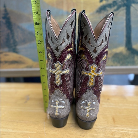 Sterling River Brown and Red Western Cowgirl Boots Cross angle wing, size 6B - Picture 5 of 8